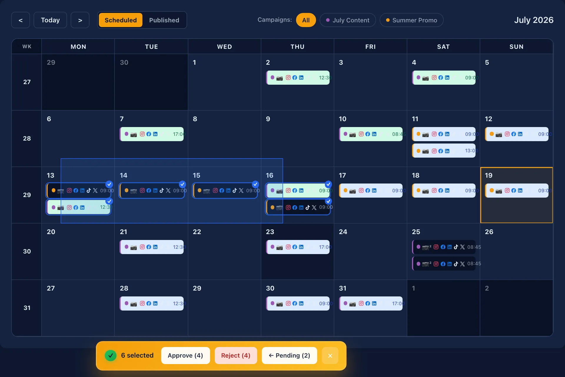 The WillPost calendar showing a month of scheduled posts, grouped by campaign and ready for review
