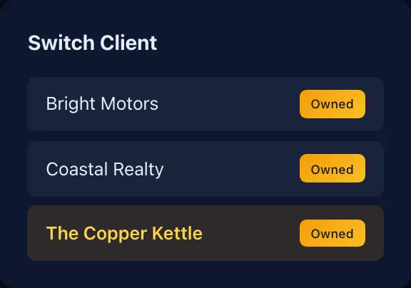 The WillPost client switcher listing three client workspaces — Bright Motors, Coastal Realty and The Copper Kettle — each marked Owned, with The Copper Kettle currently selected