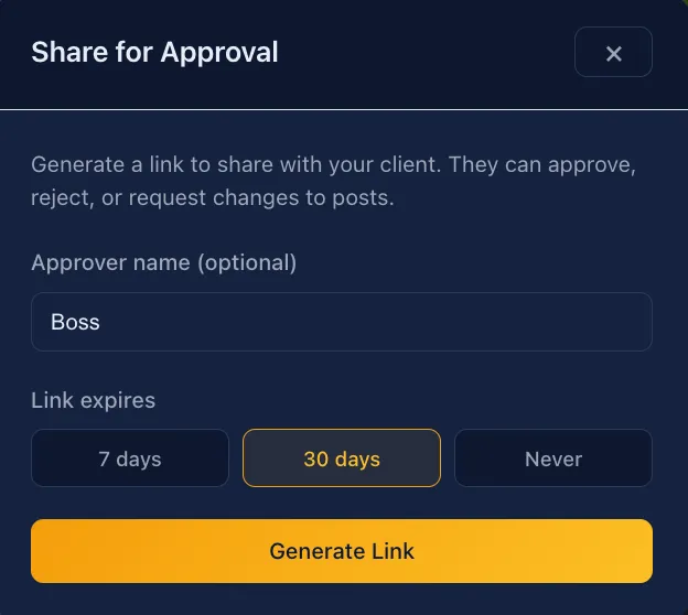 The WillPost Share for Approval dialog: a field for the approver's name, a choice of how long the link stays valid — 7 days, 30 days, or never — and a Generate Link button